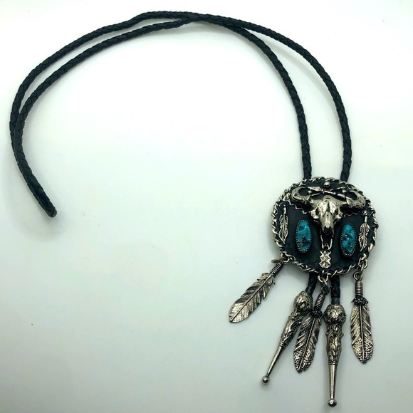 Ssi USA Turquoise & Pewter Bull Skull Pewter Bolo w Feathers 29” + 4” Pendant - Picture 1 of 9